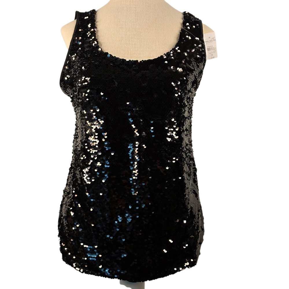 Ann Taylor Women Top Medium Black Nylon‎ Blend Sleeveless Sequin Sleeveless Tank
